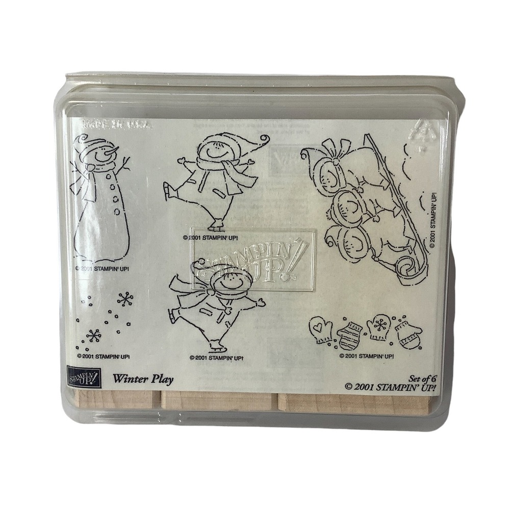 2001 Stampin Up Winter Play Set Of 6 Wood Mount Rubber Stamps Snowman Sled New